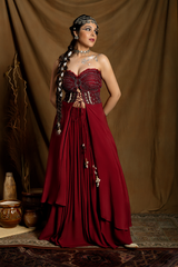 Burgundy Boho Tunic with Gathered Skirt