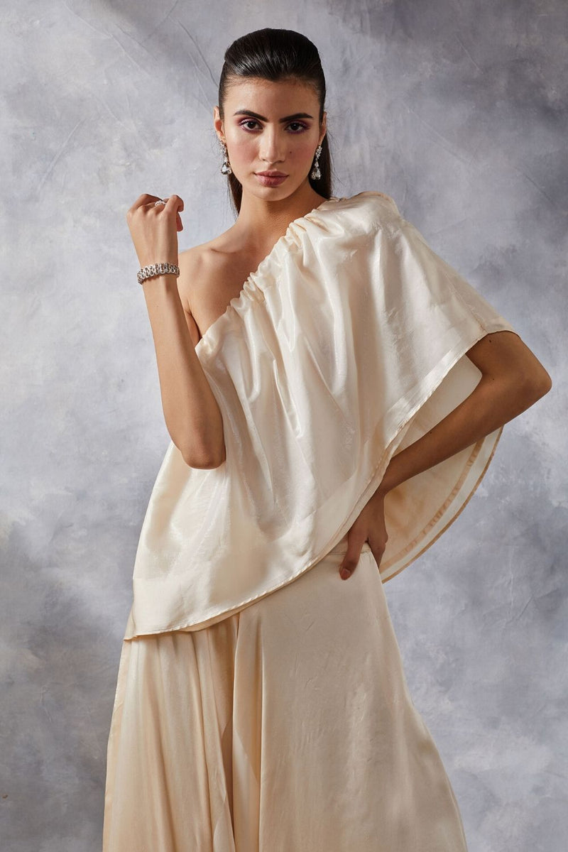 Ivory One-Shoulder Top and Dhoti Set