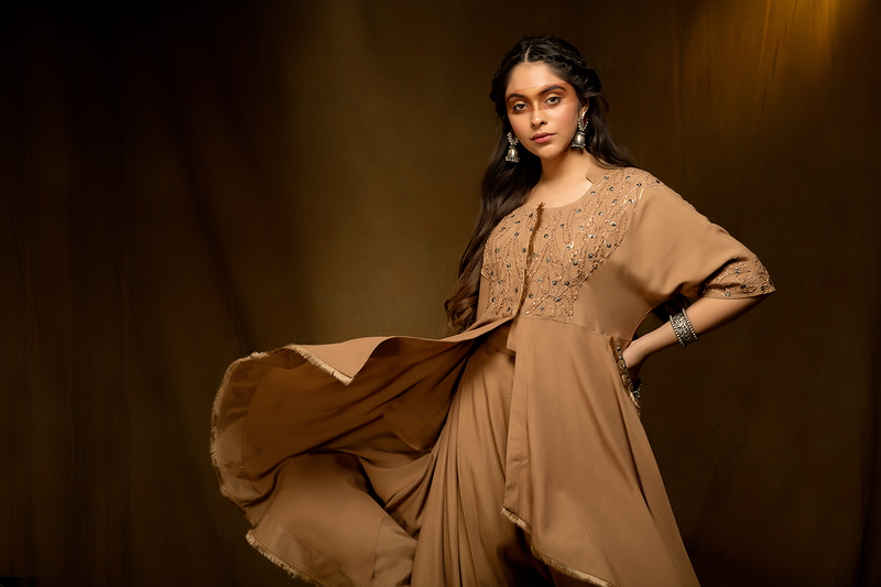 Golden Beige Open Cape with Dhoti Pants