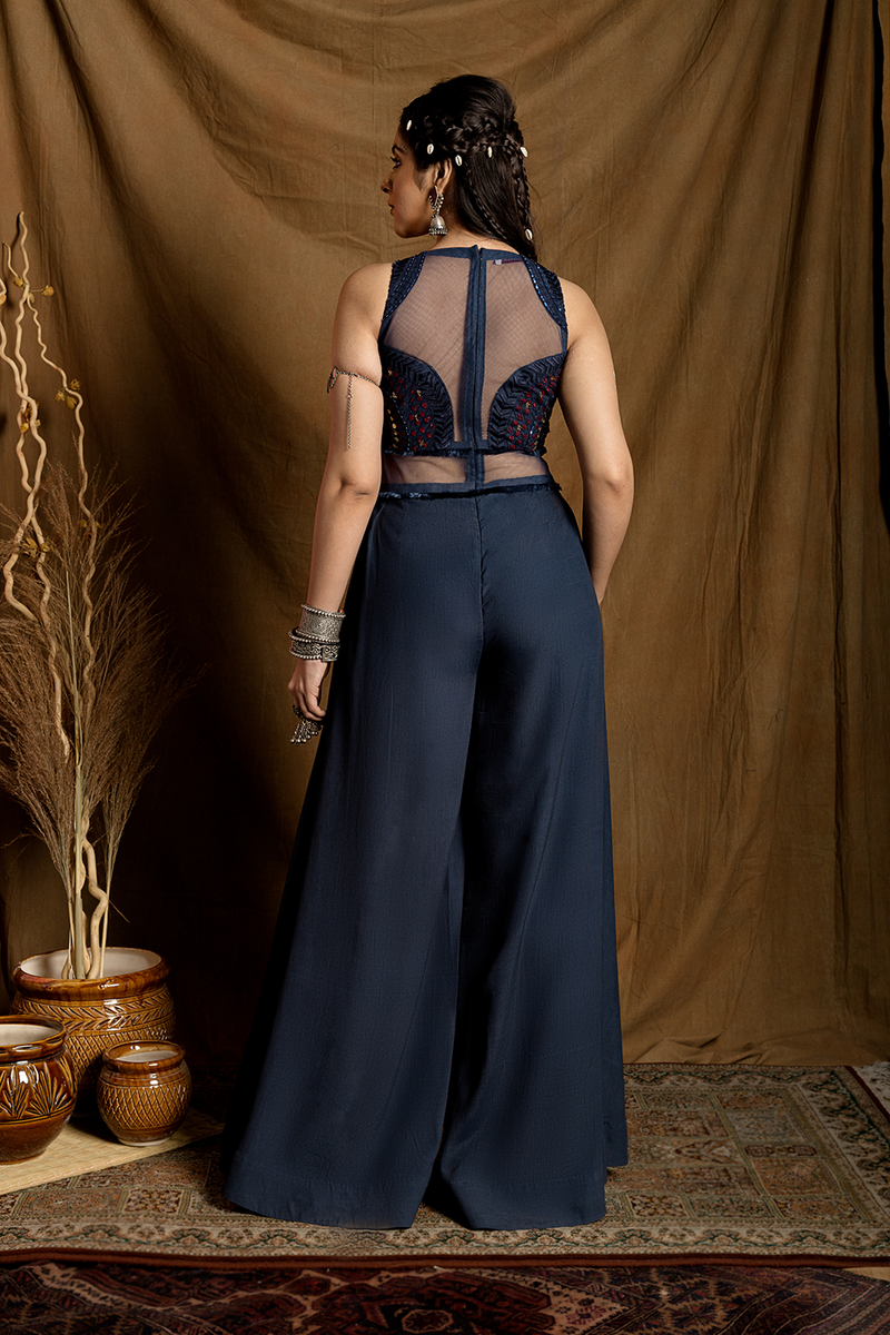 Navy Blue Jumpsuit with Sheer Back