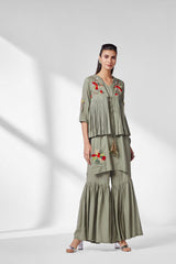 Olive Gharara Set with Cape